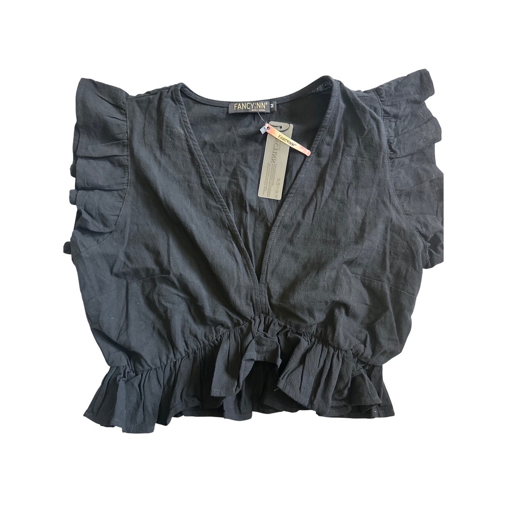 Fancyinn Womens Black Ruffle Sleeve V-Neck Crop Top Blouse NWT Size M